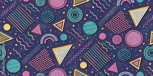 Obraz Geometric Memphis Pattern with Triangles, Circles, and Zigzags in Teal, Pink, and Yellow