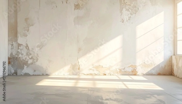 Fototapeta minimalistic empty room with textured white plaster walls, slightly weathered and natural light from a large window reflecting on a  interior wall