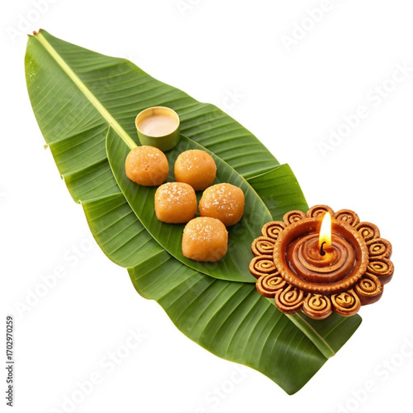 Fototapeta Traditional Feast: A captivating top-down perspective of a traditional arrangement featuring golden-hued, sweet treats artfully arranged on a verdant, textured leaf alongside a glowing candle.