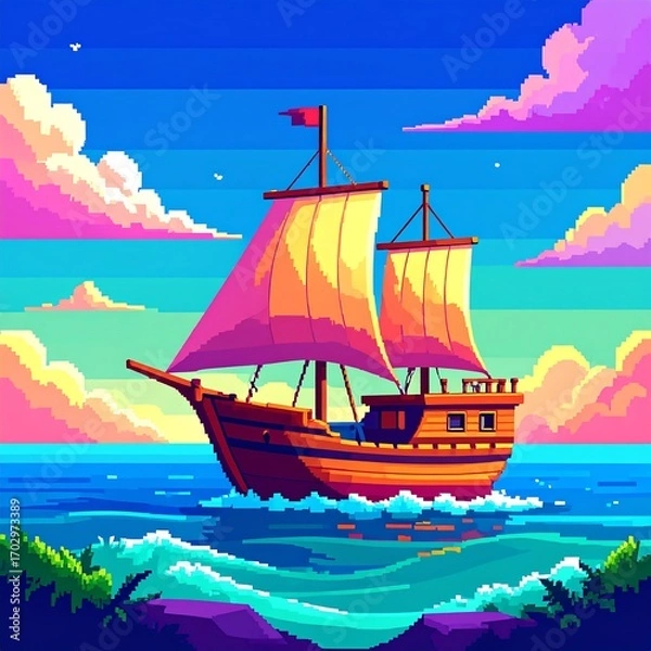 Fototapeta Pixel art of a sailing ship on a vibrant ocean at sunset
