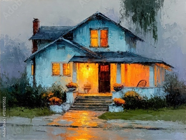 Fototapeta Cozy House at Night, Oil Painting