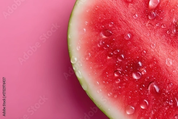 Fototapeta Radiant slice of watermelon embellished with droplets reflecting light against a vibrant pink backdrop highlighting freshness and summertime allure captured with clarity