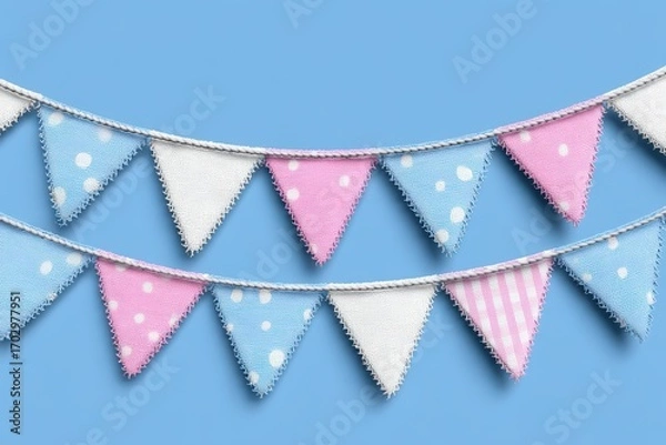 Fototapeta Whimsical string of fabric bunting in playful pastel colors hanging against a bright blue background creating a cheerful festive atmosphere filled with joy and celebration