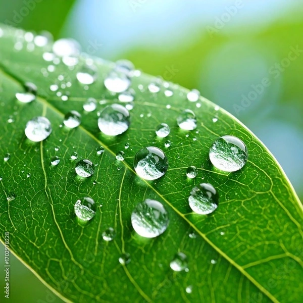 Fototapeta Close-up of dew drops on a vibrant green leaf