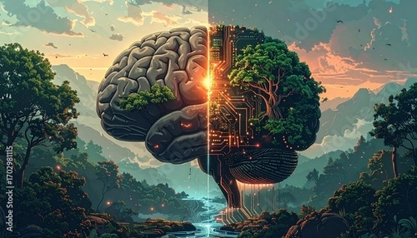 Fototapeta Conceptual human brain blending nature and technology in a lush landscape. Mind growth, environmental intelligence, and innovation concept.