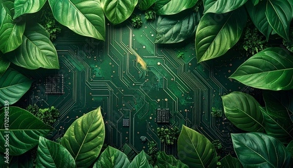 Fototapeta Green Technology Concept: Electronic Circuit Board Intertwined with Lush Leaves, Representing Eco-Innovation and Sustainable Future