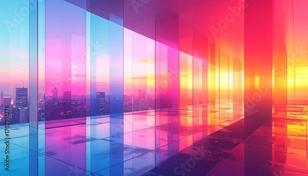 Fototapeta Abstract Modern Architecture: Vibrant Sunset Reflections on Glass Panels in a Futuristic Interior with City View