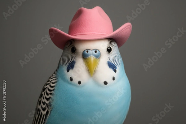 Fototapeta Close-up of a blue budgie dressed in a pink cowboy hat, creating a humorous and quirky western-themed animal portrait.