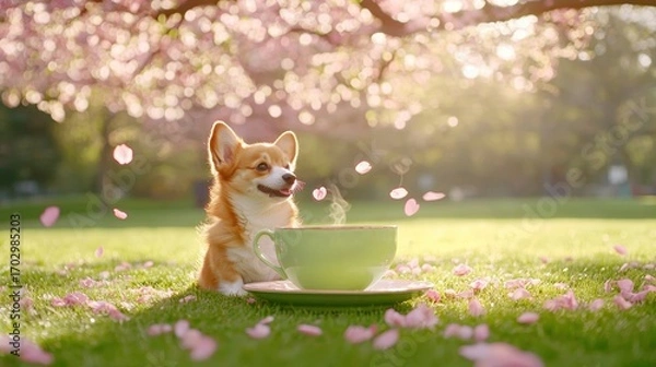 Fototapeta Playful Corgi Dog with Green Cup Surrounded by Cherry Blossom Petals in a Sunny Park Setting
