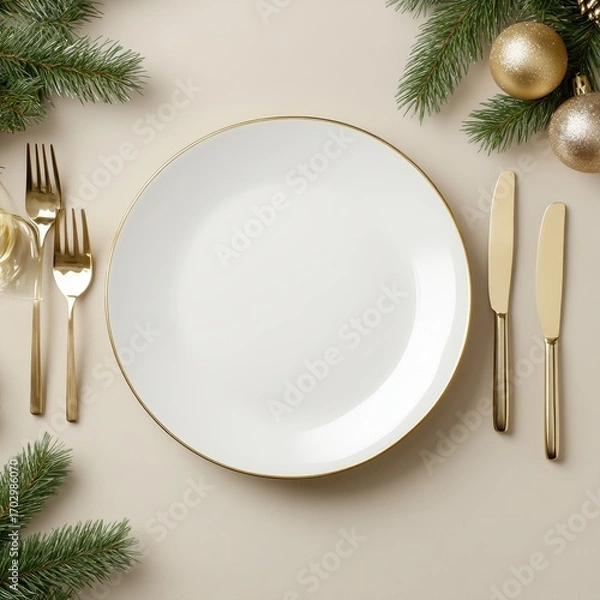 Fototapeta Elegant Dining Table Setting with White Plate and Gold Cutlery Surrounded by Greenery and Holiday Decor