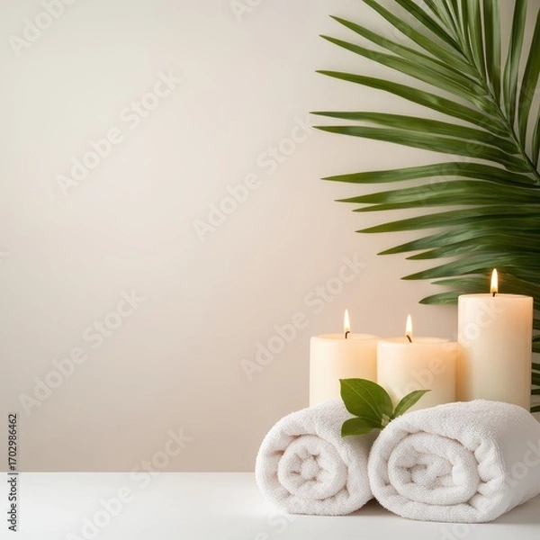 Fototapeta Soft Spa Towels with Green Leaf and Relaxing Atmosphere on Minimalist Table for Wellness and Self-Care