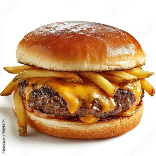 Fototapeta Delicious cheeseburger with melted cheese, crispy fries on a bun, close-up of comfort food for delivery or restaurant menu