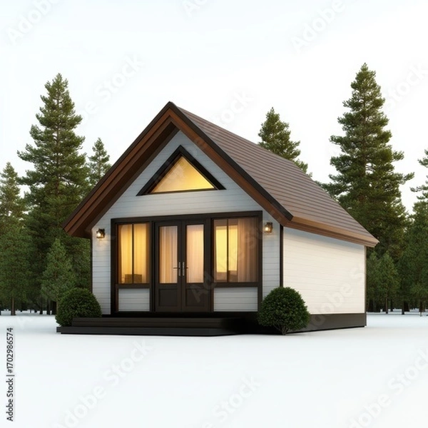 Fototapeta Cozy modern cabin in serene forest setting with tall pine trees and warm glowing windows at sunset