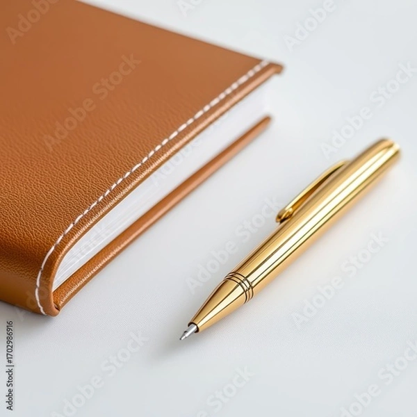 Fototapeta Elegant Brown Notebook and Golden Pen on White Background for Business and Creative Writing Needs