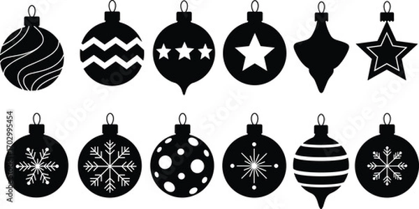 Fototapeta Black Christmas ornaments collection with stars, snowflakes, stripes, waves, and unique shapes, festive holiday decorations vector silhouette set.
