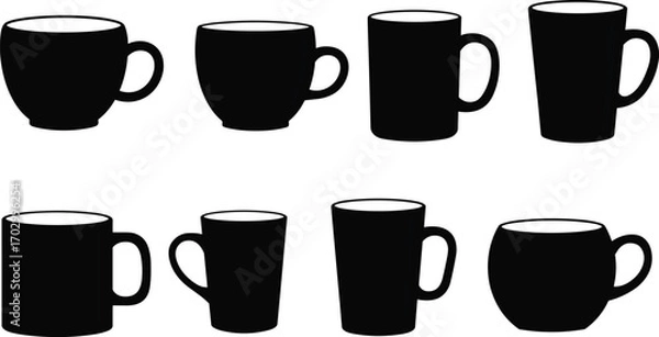 Fototapeta Black Coffee and Tea Mug Vector Icon Set – Minimal Silhouette Collection of Various Cup Shapes for Café Branding and Design