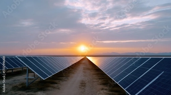 Fototapeta Expansive Solar Panel Field Under Sunset Sky with Blue Solar Panels and Calm Water Reflection