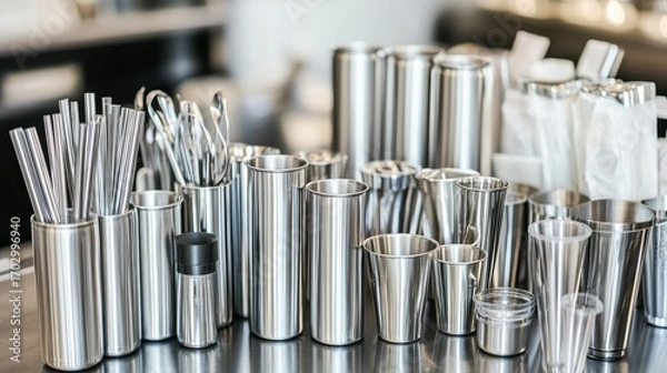 Fototapeta Stainless Steel Containers and Utensils Arranged Neatly on a Modern Kitchen Countertop