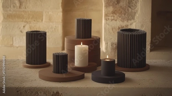 Fototapeta Elegant arrangement of candles and holders in stylish home decor with warm tones and modern design elements