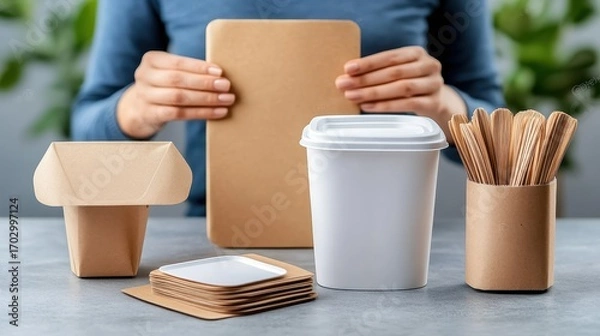 Fototapeta Eco-Friendly Packaging Solutions for Food and Takeout Products in Natural and Simple Design