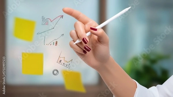 Fototapeta Businesswoman Using Digital Tablet to Present Growth Data with Sticky Notes and Graphics in Modern Office Setting
