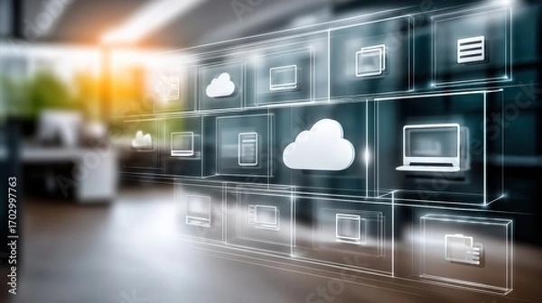 Fototapeta Innovative Digital Cloud Technology Concept for Modern Office Environment with Transparent Icons and Light Effects