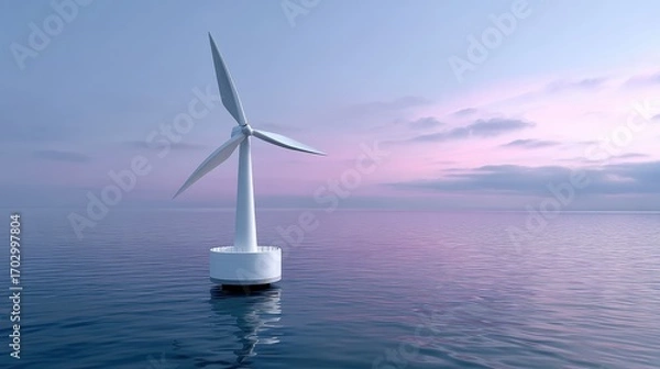 Fototapeta Serene Wind Turbine in Calm Water at Dusk with Pink and Blue Sky Reflections Over Ocean Surface