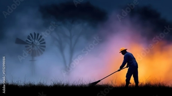 Fototapeta Silhouette of a Worker with a Rake Against a Colorful Sunset and Windmill in Foggy Landscape