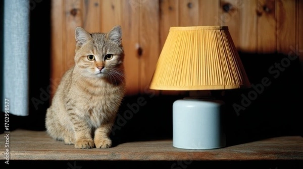 Fototapeta Cat Sitting Elegantly Beside a Vintage Lamp at Home with Rustic Wooden Background