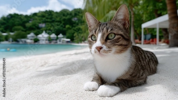 Fototapeta Cat Relaxing on Tropical Beach with Clear Water and Lush Greenery in Background Under a Bright Blue Sky
