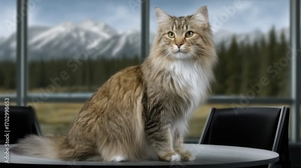Fototapeta Majestic feline resting on a table with mountain backdrop and forest scenery in a serene indoor environment