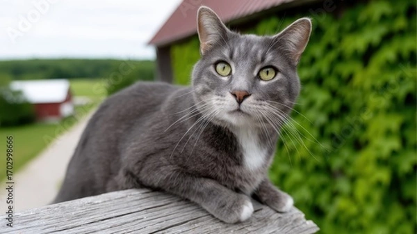 Fototapeta Grey Cat Relaxing on Fence Post with Greenery Background in a Rural Setting