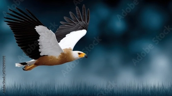 Fototapeta Majestic Bird of Prey in Flight Against a Dramatic Blue Sky Background with Soft Grass Foreground
