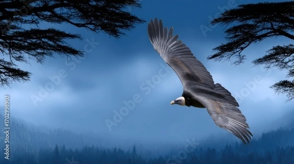 Fototapeta Majestic bird soaring through misty mountainscape with dark trees and dramatic sky in serene nature setting