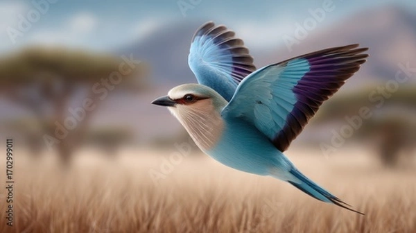 Fototapeta Vibrant Blue Bird in Flight Over Expansive Grassland Against Backdrop of Blurred Mountains and Trees