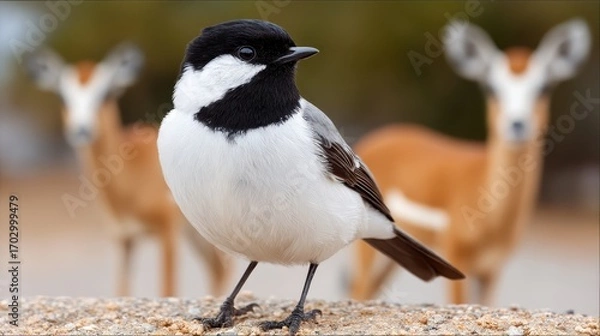 Fototapeta Close-up of a small bird with black and white plumage standing near two blurred deer in a natural habitat