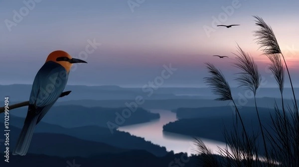 Fototapeta Elegant bird perched on a branch overlooking river landscape at dawn with serene atmosphere and soft colors