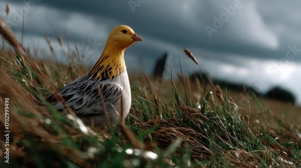 Fototapeta Vibrant Bird with Yellow Head and Spotted Body Standing in Lush Green Grass Against a Dramatic Cloudy Sky