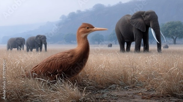 Fototapeta Brown bird stands in tall grass with elephants in the background under misty sky in serene wildlife setting