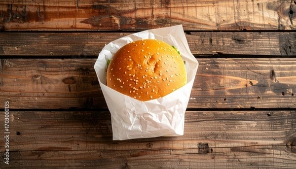 Fototapeta Delicious classic hamburger with a sesame seed bun, wrapped in white paper and placed on a rustic wooden table, viewed from above