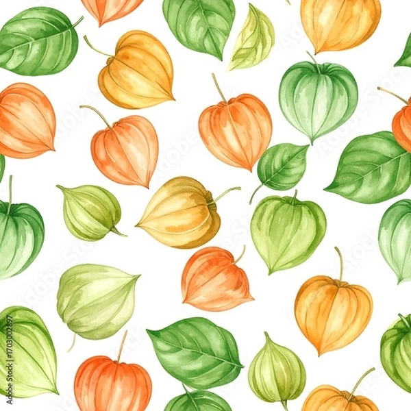 Fototapeta Watercolor botanical seamless pattern of physalis