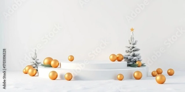 Obraz Geometric white podium on snowy ground, golden spheres, minimalist Christmas scene, still life, abstract