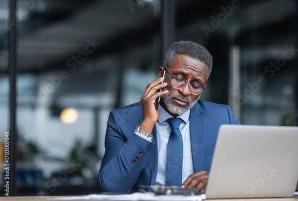 Fototapeta Mature Black Businessman Making a Serious Phone Call and Using a Calculator for Financial Work in the Office