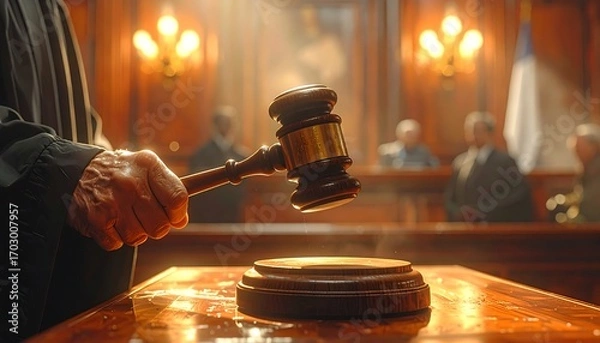 Obraz Judge striking gavel in courtroom