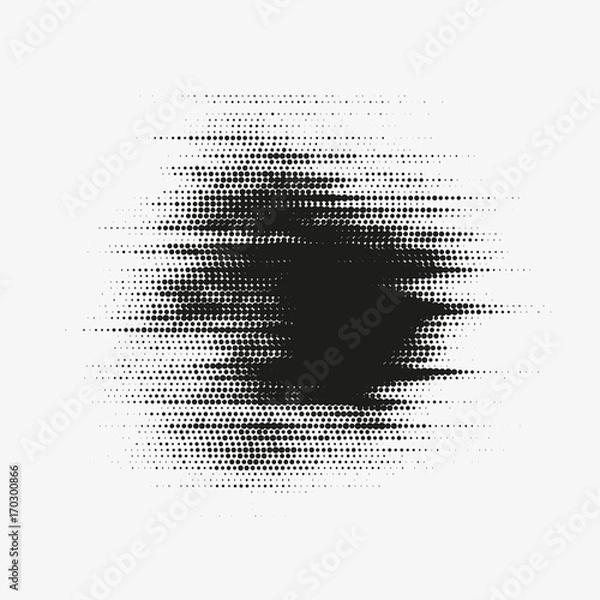 Fototapeta Glitched vector halftone stain. Black blot made of round particles. Modern abstract generative illustration with random distorted spot. Scattered array of dots. Gradation of tone. Element of design.