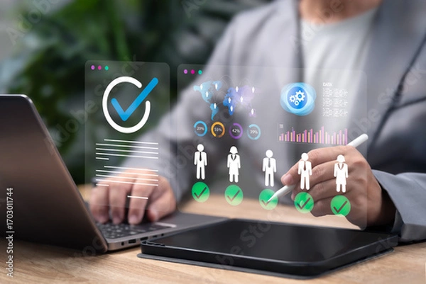 Fototapeta AI Leadership Selection Concept, Businessman Using Artificial Intelligence for HR Recruitment, Data Analytics, Identifying Quality Team Leaders, Workforce Evaluation, Corporate Human Resource Strategy