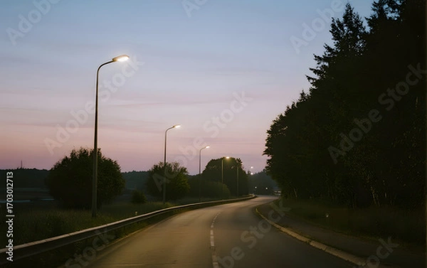 Fototapeta powered street lamps lined along an empty road