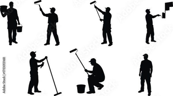 Obraz Silhouette of professional painter worker using paint roller and brush with bucket in various painting and decorating actions