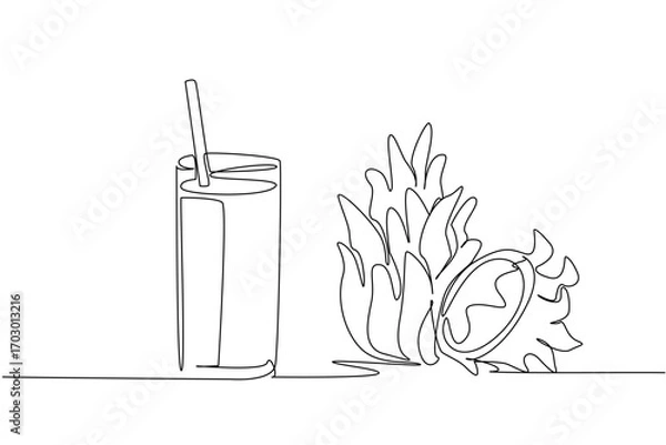 Fototapeta Single one line drawing glass of dragon fruit juice with straw in the glass. The pleasure is equal when juiced or eaten directly. National Juice Slush Day. Continuous line design graphic illustration