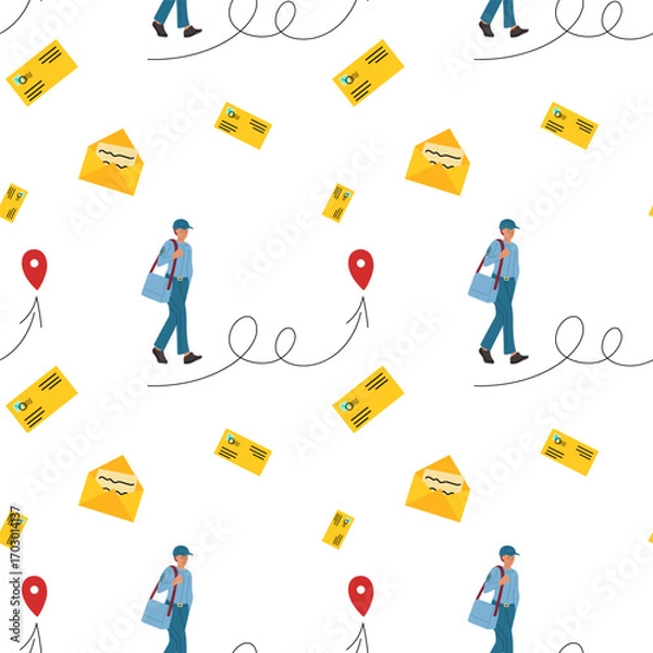 Fototapeta Postal worker delivering letters in a vibrant pattern design featuring envelopes and pins